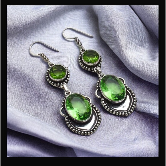 Peridot Handcrafted Drop Dangle Hook Style Earrings 2.4" Long Made In India New - Picture 2 of 16